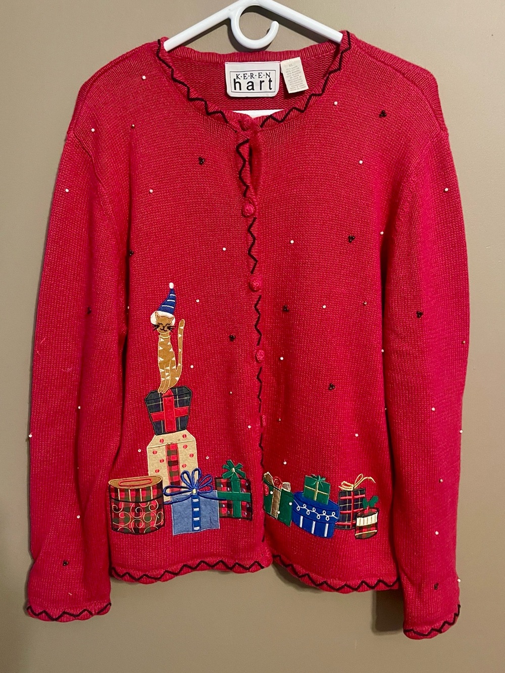 Keren Hart Red Holiday Embroidered Cardigan Sweater - Vintage